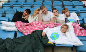Connor Owen, Pippa Brown, Anthony Vale, Antonia Weaver, Sharna Gray and Kay Bennett (front) taking part in the Stay Charity Sleepover at AFC Telford United's Ground. Picture by Sam Bagnall.