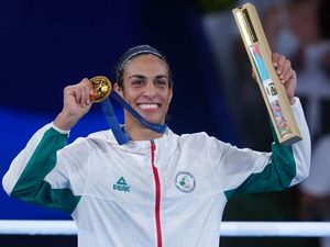 Imane Khelif celebrates with her gold medal at the Paris 2024 Olympic Games