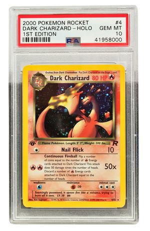 A 1st edition Pokémon Team Rocket Dark Charizard Holo, PSA Gem Mint 10, estimated to fetch between £3,000 and £5,000