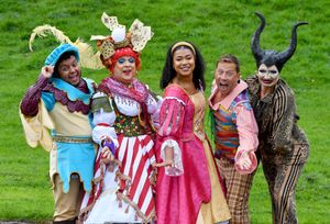 The cast of Wolverhampton's Grand Theatre production of Sleeping Beauty visit Dudley Castle. Pictured is: Zak Douglas, Ian Adams, Georgia Iudica-Davies, Tam Ryan and Danny Beard