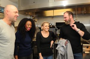 Taking part in an omelette challenge (left) Matt Slack, and Suzanne Shaw, with Glynn Purnell, and Beverley Knight judging the results, at Birmingham Hippodrome