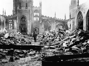The ruins of Coventry Cathedral after the Medieval building was destroyed by Luftwaffe bombs in the Second World War