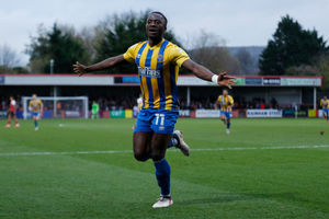 Dan Udoh of Shrewsbury Town celebrates after scoring a goal to make it 0-1. (AMA)