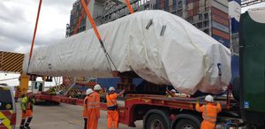 One of the new Class 805 bodyshells being unloaded at Southampton docks