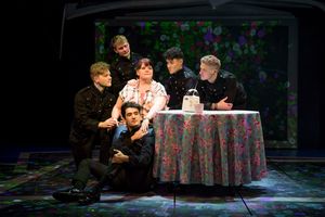 Rachel Lumberg as Rachel with Five To Five as The Band in The Band, credit Matt Crockett