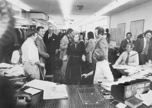 Tory opposition leader Margaret Thatcher chats to journalists at the Express & Star, September 1978