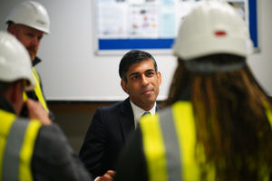 Prime Minister Rishi Sunak speaks with apprentices and graduates, during a visit to Crofton Park, near Rednal, Birmingham