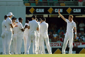 England's Stuart Broad (right) celebrates taking his fifth wicket of the day, Australia's Mitchell Johnson (not pictured)