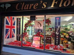 The display in the shop window at Clare's Florist in Willenhall, 2018