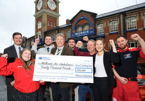 Executive chairman Andrew Goddard, director Edward Goddard, Owen Lloyd and Clayton Matcham from Morris Lubricants present a cheque for £20,000 to Ryan Ferris, a Midlands Air Ambulance Charity critical care paramedic