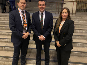 Stuart Anderson MP, centre, with Bridgnorth funeral director John Adams, left, and Bridgnorth Councillor Kirstie Hurst-Knight, right, in Westminster Hall before the debate began