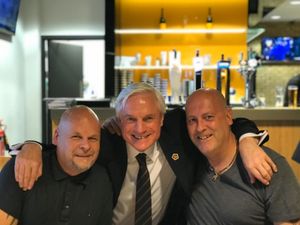 Steve Plant, left with Wolves hero Mel Eves and Neil Taylor, right 