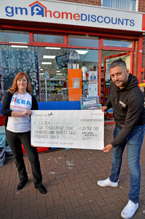 The raffle organised by Manni Massey from GM Home Discounts helped raise £2,192 for the charity CICRA. Manni is seen handing over a cheque to Gail Crampton