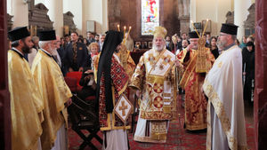  Archbishop Nikitas (centre) leads the Orthodox service at St Julian’s Church, Shrewsbury. Photo: Alexios Gennaris 