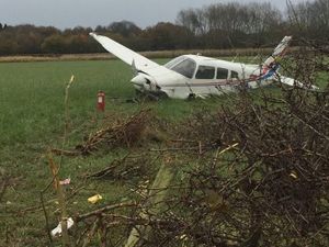 Supporting image for story: Incredible pictures show light aircraft that crashed through two hedges and across a road – but its passengers escaped serious injury