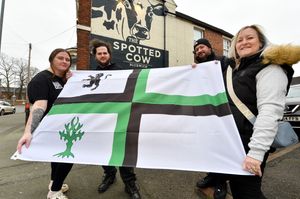 Kirsten Holdcroft, Zac Peate, Brad Fisher and Walsall mayor Louise Harrison proudly display the official Bloxwich flag outside the pub.