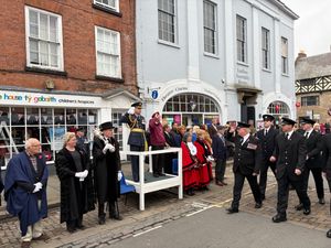 Eyes Right to saluting base with Mayor of Ludlow, councillors, WWII Veteran Danny Mason and Air Commodore John Lyle