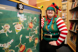Market Drayton Library's Branch Manager Catherine Westwood as Tinsel The Elf.
