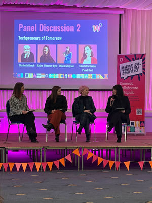 (L-R): Charlotte Davies, Conversion Copywriter and Presentation Coach, Olivia Simpson, Managing Director and Co Founder at SymbioTex, Elizabeth Gooch MBE, award winning founder and former CEO and Kathy Wheater-Ayre, Head of Business Engagement at Jointing Tech in conversation at the Wolverhampton International Women's Day Conference.