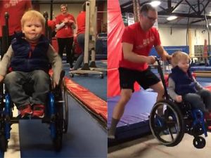 Supporting image for story: Boy bouncing on trampoline in wheelchair becomes viral star