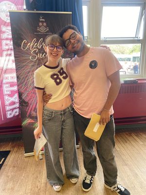 Amelia Pitt and Oliver Murray celebrating their A Level results