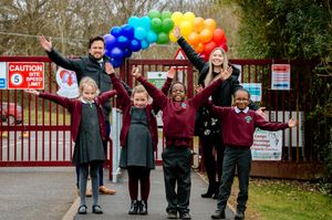 Woodthorne Primary School headteacher Tom Hinkley with Miss Sophie Watts, Rosie Birch, Arna Donoway, Caesar Robertson-Ellis and Amanda Shakes
