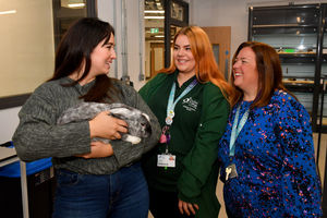 BBC wildlife presenter Megan McCubbin with Dudley College staff members Georgia Callagan and Jemma Gittins...