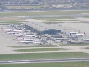A long range external view of Terminal 5 at Heathrow