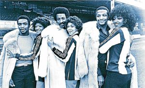 The Three Degrees: Laurie Cunningham, Brendan Batson, and Cyrille Regis, with Sheila Ferguson, Valerie Holiday, and Helen Scott