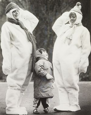 The Ironbridge Gorge Museums' Christmas theme was Father Christmas meets the snowmen. The photograph shows Ellen Tranter meeting Marie Adams (left) and Vicky Tranter, both dressed as snowmen on December 6, 1987.