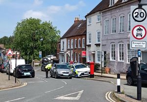 Inspectors speaking to drivers illegally cutting through Corve Street, Ludlow, where a TRO has been in place since 1989. Photo: Ludlow Police/Facebook