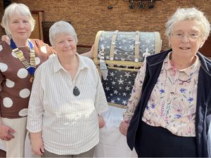 Anne Bumford Chairman, Jacqui Watton Speaker Sec., 
with Penny Wheat Speaker and her Treasure Chest 
