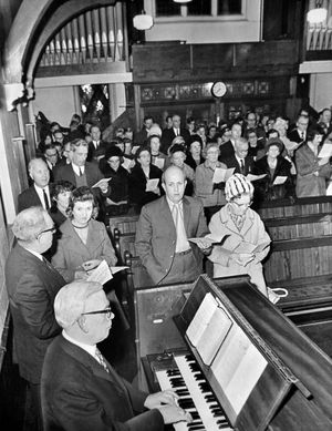 March 6, 1972. The caption reads: 'A church organ was the subject of a special opening and rededication service at Wombourne during the weekend. Church organist, Mr Kenneth Hodson, is pictured playing for the first hymn at Saturday's service.' 