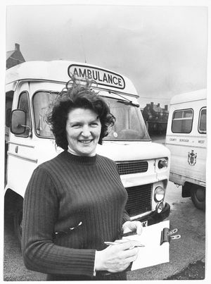 West Bromwich Ambulance Service, Tipton. The service had its first ever female ambulance driver, Sheila Hawkins, who had previously worked as a nursing assistant at St. Margaret's Hospital, Great Barr. February 11, 1974.