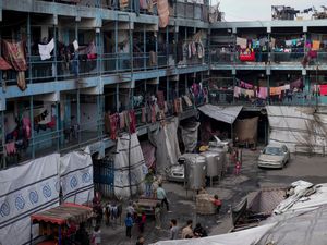 Displaced Palestinians living in a school run by UNRWA west of Gaza City