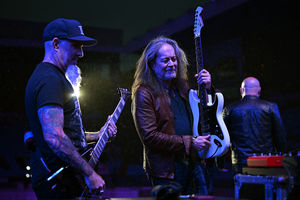 Member of US rock band Anthrax, Scott Ian (L) and former Ozzy Osbourne guitarist Jake E. Lee (R) during rehearsals on the eve of British rock band, Black Sabbath's "Back to the Beginning" concert, Ozzy Osbourne's final ever gig as Black Sabbath's frontman at Villa Park in Birmingham, central England on July 4, 2025. Osbourne, who revealed in 2020 that he has Parkinson's disease, will join Tony Iommi, Geezer Butler and Bill Ward for the all-day "Back To The Beginning" show in Birmingham, central England, where the heavy metal giants formed in 1968. (Photo by ANDY BUCHANAN / AFP) (Photo by ANDY BUCHANAN/AFP via Getty Images)          