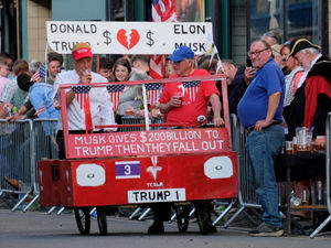 Supporting image for story: Donald Trump, Elon Musk, the Pope, a Chinese dragon and Oasis make Kington’s 49th wheelbarrow race a success