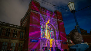 The 125th anniversary lightshow projected onto the Aston Webb building