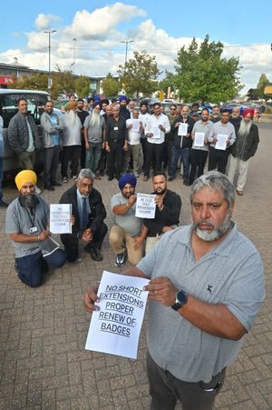 WOLVERHAMPTON COPYRIGHT NATIONAL WORLD STEVE LEATH 05/08/25
Taxi drivers in the Wolverhampton area came together to discuss problems they are having with the licensing system in Wolverhampton that they say is leaving some of them unable to work for months. 
At the front is:  Balbir Singh , the chair of the Wolverhampton Taxi and Private Hire Federation.