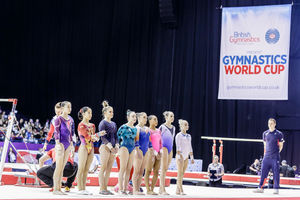 Third from left, Alice Kinsella at the 2018 Gymnastics World Cup, held at Arena Birmingham. Pic: Chris Bowley