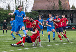 Lichfield City vs St Neots Town Feb 21st 2026. Goalmouth action. Pic: Jim Wall