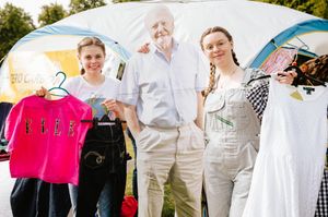 Carbon Zero Shropshire held a clothes swap/sale day at Shrewsbury Quarry. Pictured are Sally Lancaster and Eleanor Thurston with a cut out of David Attenborough