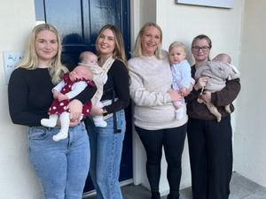 Holly George with baby Charlotte, Tasha Barker with baby Lily, Sarah Clarke with baby Maeve and Holly Williams with baby Jaxon