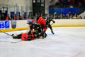 An almighty goalmouth scramble during a hard fought win for Telford Tigers.