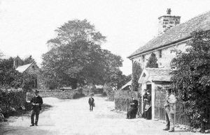 The old village of Llanwddyn, which was demolished and submerged to make way for Lake Vyrnwy in the 1880s. Powis Arms Hotel is on the right, with the east end of St John's Church in the background. The village had a church, two chapels, a school, three pubs, and about 40 houses. Date of picture unknown. Copied from the book: 'Llanwddyn & Lake Vyrnwy'.