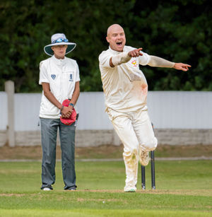 Hammerwich CC vs Walsall July 26th 2025. An unsuccesful appeal from Hammerwich captain Callum Brodrick.