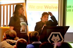 WOLVERHAMPTON COPYRIGHT NATIONAL WORLD STEVE LEATH 09/04/25Pics at Wolves Molineux for the : My Tommorow , event, tackling youth violence.   Pic of Pooja Kanda and daughter Nikita Kanda, talking about the loss of there son: Ronan.