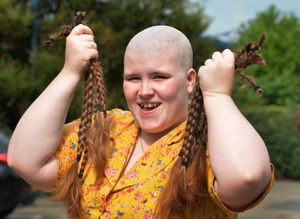 Braving The Shave for charity, Miriam Emmas, at the Gingerbread Man, Market Drayton