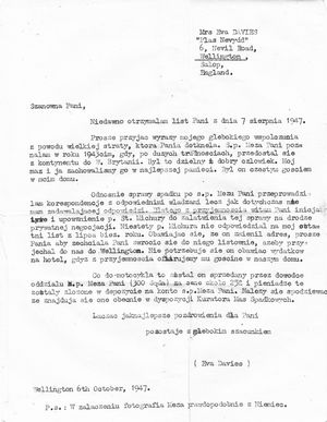 A letter written in 1947 by Mrs Eva Davies, nee Preece, to Antoni's widow. She tells her that he stayed with them frequently, and also discusses his effects.