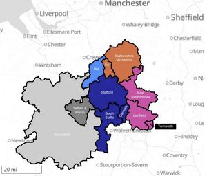 Proposal for Newcastle-under-Lyme, North Staffordshire, South East Staffordshire and South West Staffordshire unitary councils. Image taken from Newcastle-under-Lyme Borough Council report. 